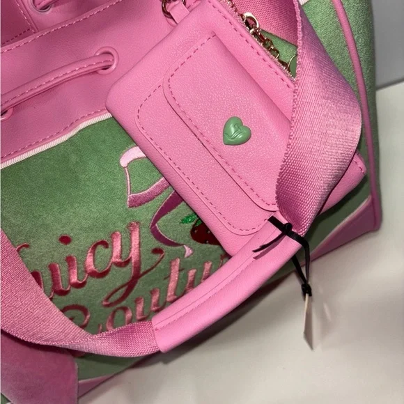 Juicy Couture Pink & Green Strawberry Embroidered NWT Retro Tote Purse Bag - Picture 5 of 6